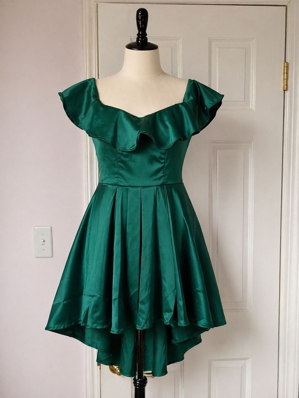 Camille La Vie Satin  Emerald Green Ruffle Off-Shoulder High-Low Dress